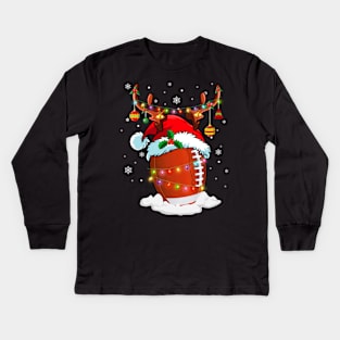 Reindeer Santa Hat Football Christmas Lights Xmas Kids Long Sleeve T-Shirt